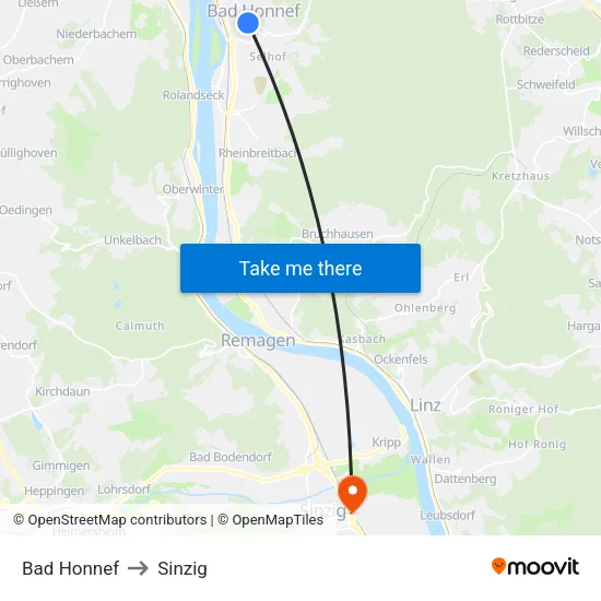 Bad Honnef to Sinzig map