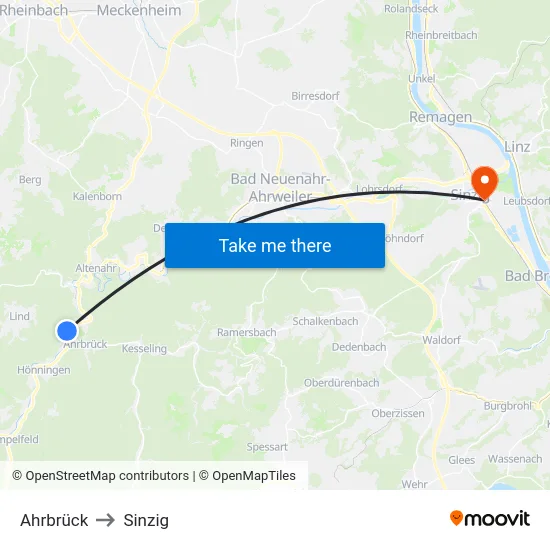 Ahrbrück to Sinzig map