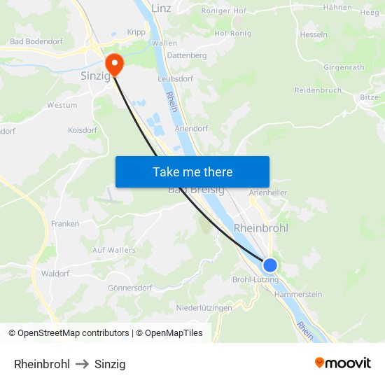 Rheinbrohl to Sinzig map