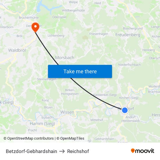Betzdorf-Gebhardshain to Reichshof map