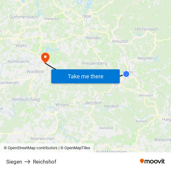 Siegen to Reichshof map