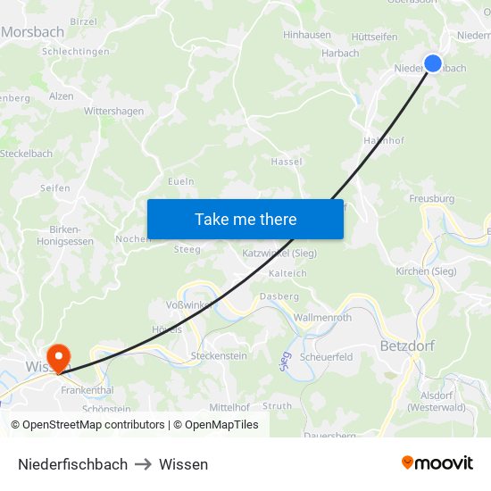 Niederfischbach to Wissen map