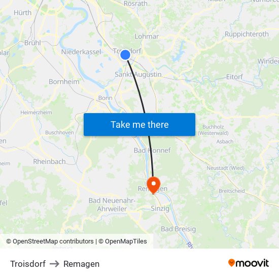 Troisdorf to Remagen map