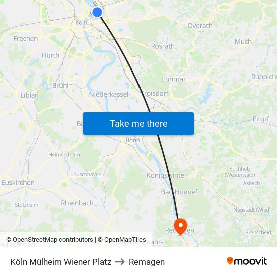 Köln Mülheim Wiener Platz to Remagen map