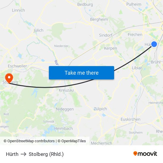 Hürth to Stolberg (Rhld.) map