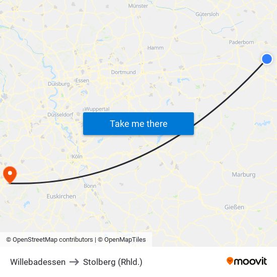 Willebadessen to Stolberg (Rhld.) map