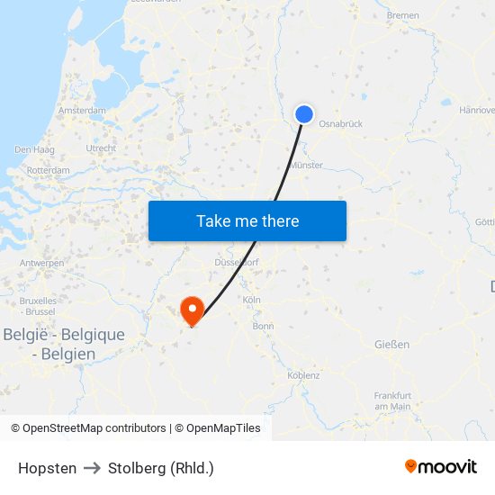 Hopsten to Stolberg (Rhld.) map