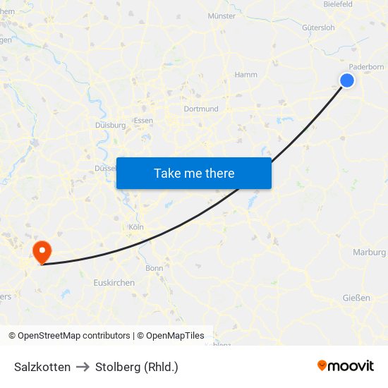 Salzkotten to Stolberg (Rhld.) map