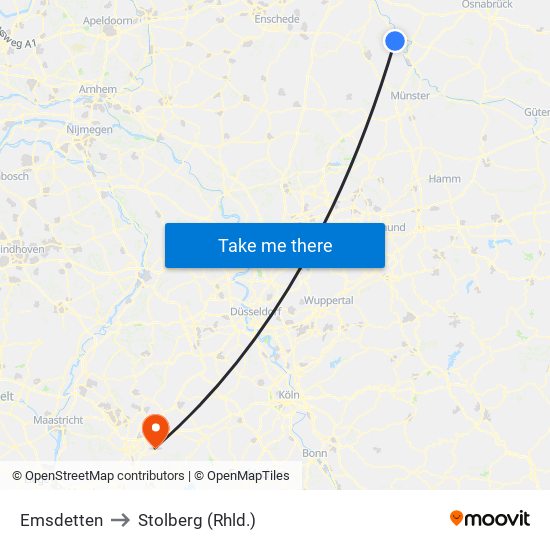 Emsdetten to Stolberg (Rhld.) map