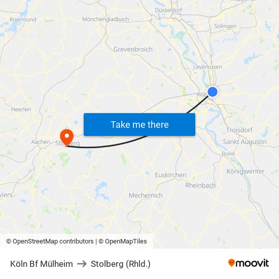 Köln Bf Mülheim to Stolberg (Rhld.) map