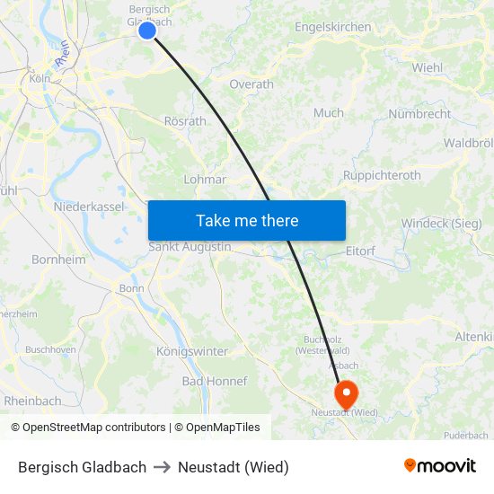 Bergisch Gladbach to Neustadt (Wied) map