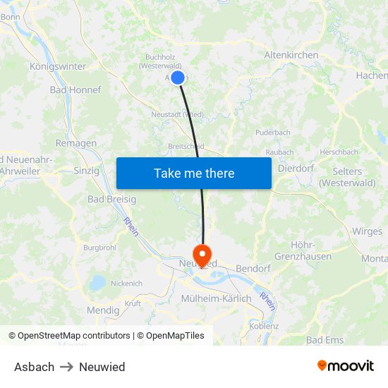 Asbach to Neuwied map