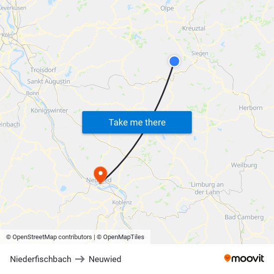 Niederfischbach to Neuwied map