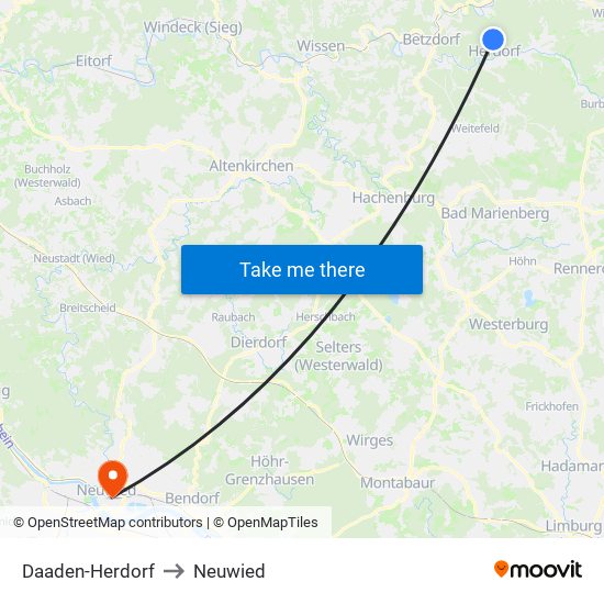 Daaden-Herdorf to Neuwied map