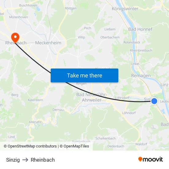 Sinzig to Rheinbach map
