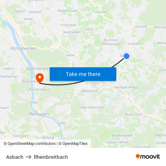 Asbach to Rheinbreitbach map