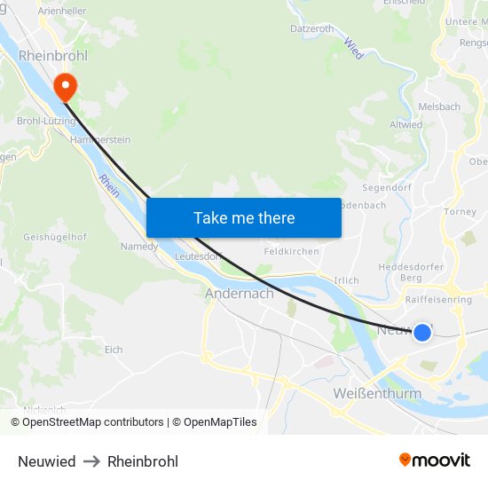 Neuwied to Rheinbrohl map