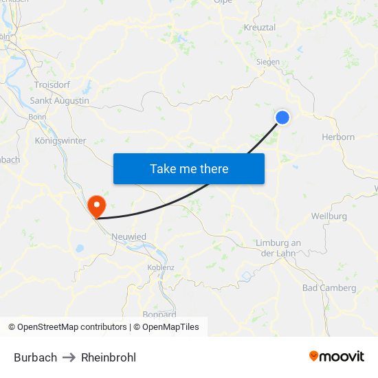 Burbach to Rheinbrohl map