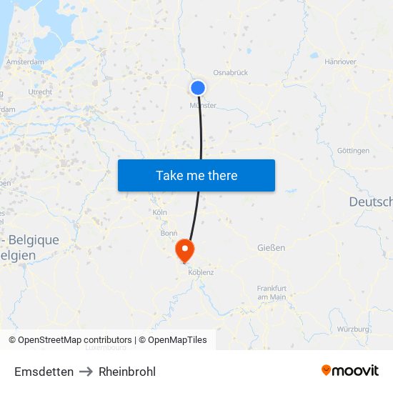 Emsdetten to Rheinbrohl map