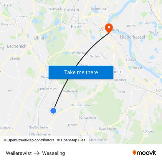 Weilerswist to Wesseling map