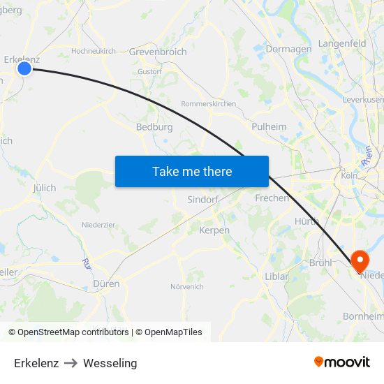Erkelenz to Wesseling map