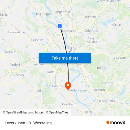 Leverkusen to Wesseling map