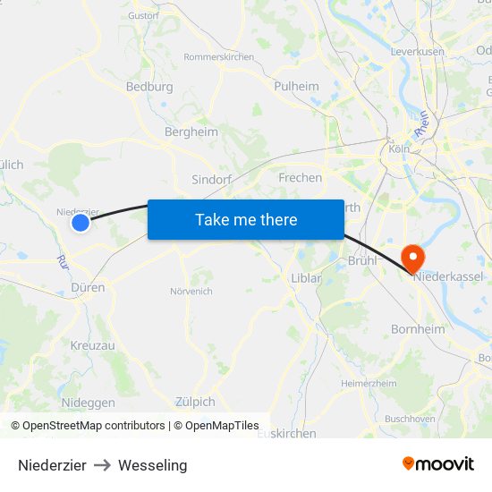 Niederzier to Wesseling map