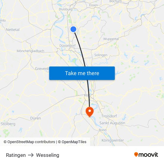 Ratingen to Wesseling map