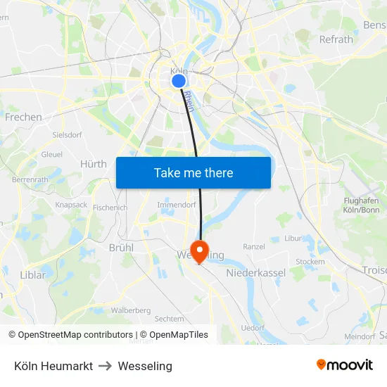 Köln Heumarkt to Wesseling map