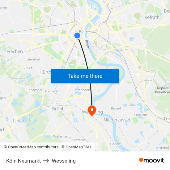 Köln Neumarkt to Wesseling map