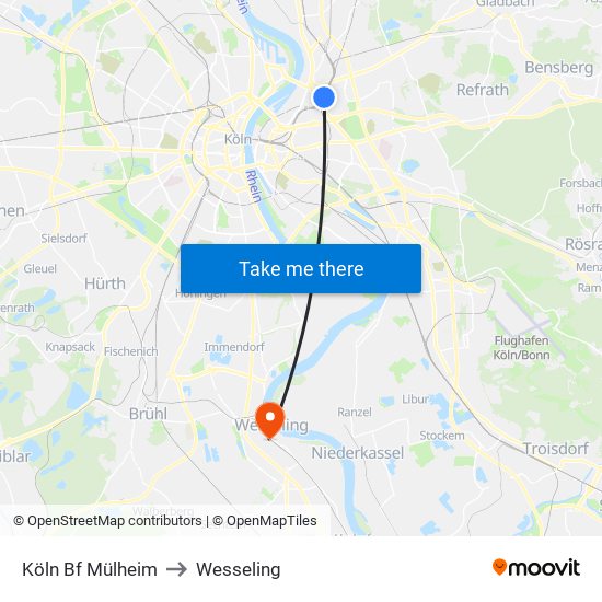 Köln Bf Mülheim to Wesseling map