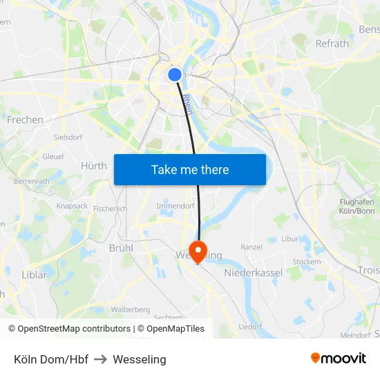 Köln Dom/Hbf to Wesseling map