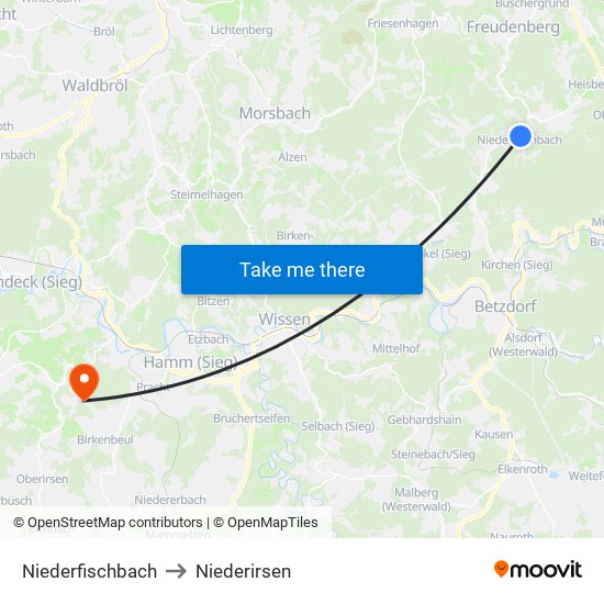 Niederfischbach to Niederirsen map