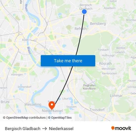 Bergisch Gladbach to Niederkassel map