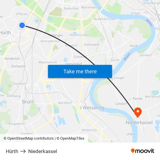 Hürth to Niederkassel map