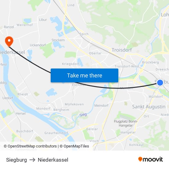 Siegburg to Niederkassel map