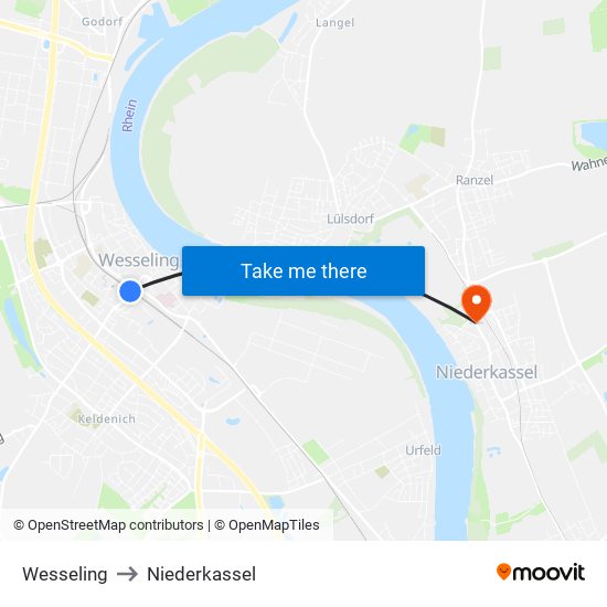 Wesseling to Niederkassel map