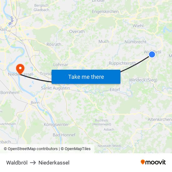 Waldbröl to Niederkassel map