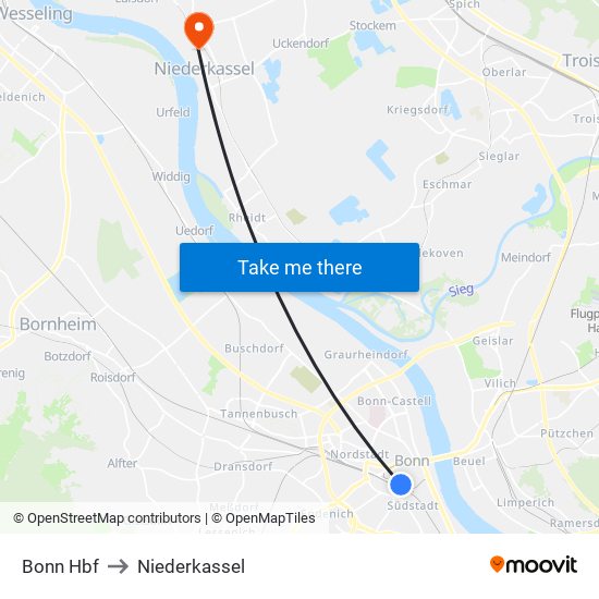 Bonn Hbf to Niederkassel map