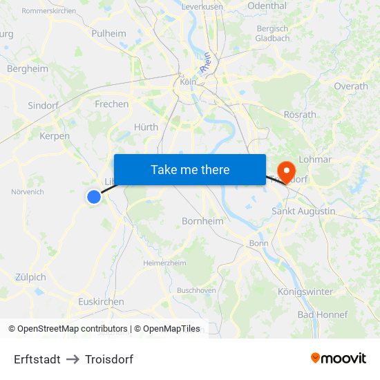 Erftstadt to Troisdorf map