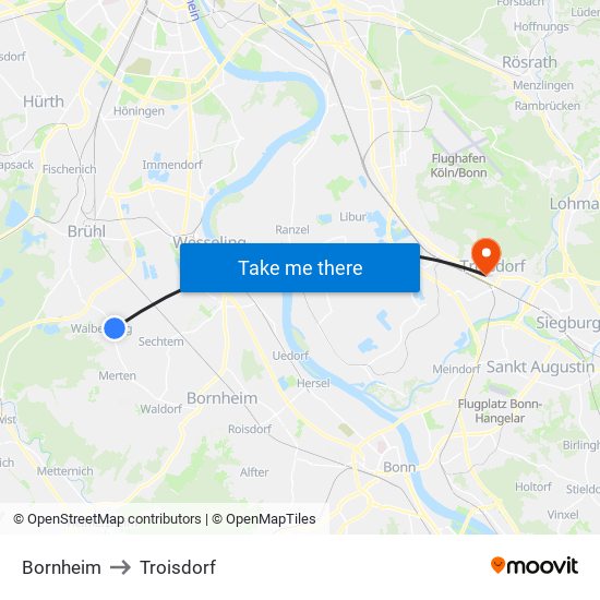 Bornheim to Troisdorf map