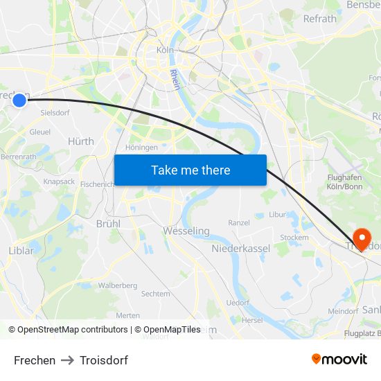 Frechen to Troisdorf map