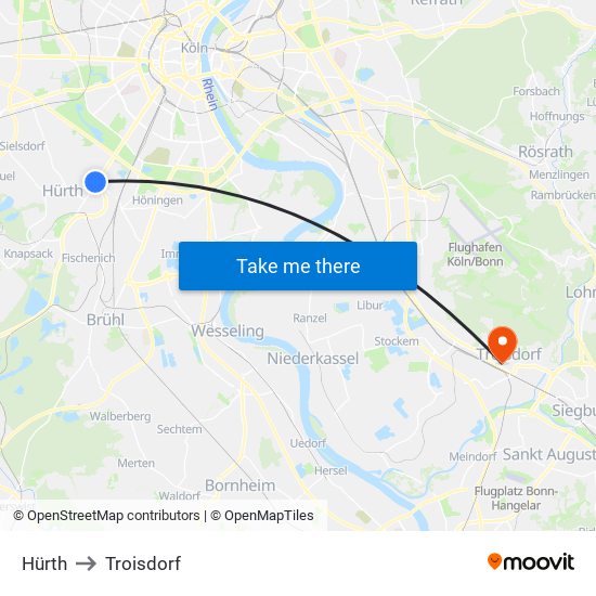 Hürth to Troisdorf map