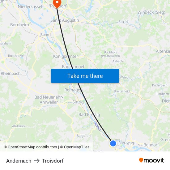 Andernach to Troisdorf map