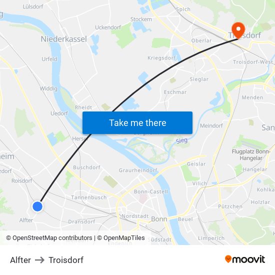 Alfter to Troisdorf map