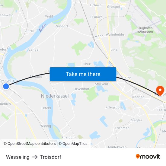 Wesseling to Troisdorf map
