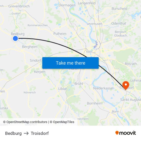 Bedburg to Troisdorf map