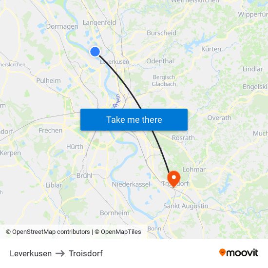 Leverkusen to Troisdorf map