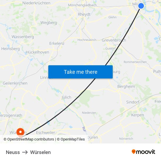 Neuss to Würselen map