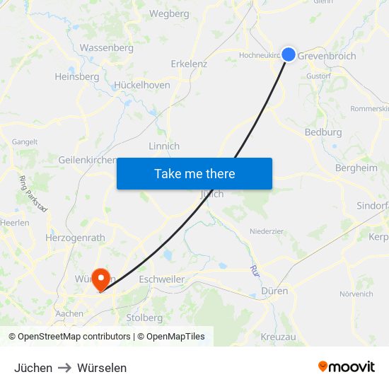 Jüchen to Würselen map